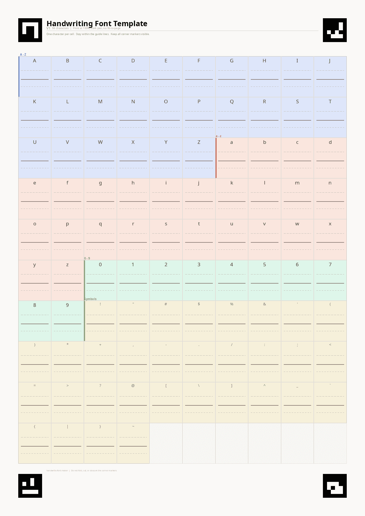 Preview of the handwriting template with ArUco corner markers and 94 character cells
